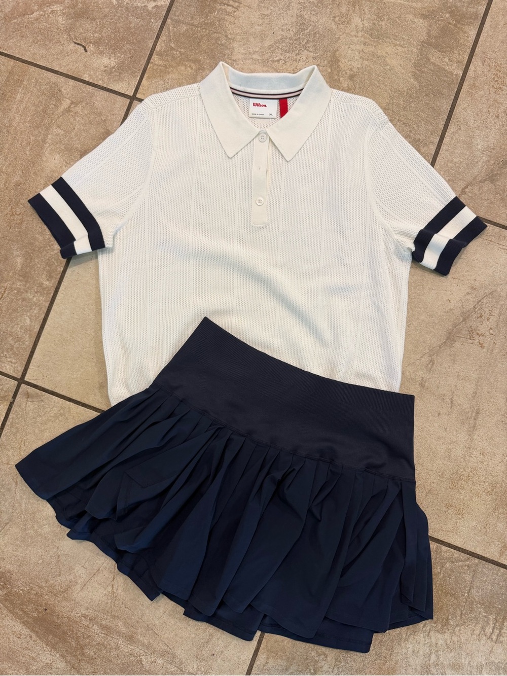 Wilson White Polo with Navy Striped Sleeve and Midtown Tennis Skirt XL